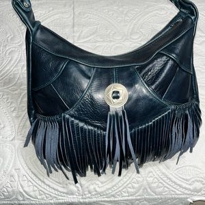 Genuine Leather Fringe Crossbody Bag, Shoulder Bag, Blue